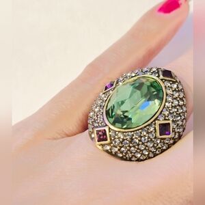 HEIDI DAUS Signed Dark Peridot Amethyst Swarovski Crystal Huge Ring Size 7